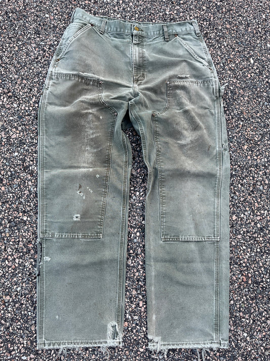 Faded n Distressed Olive Green Carhartt Double Knee Pants - 35 x 31