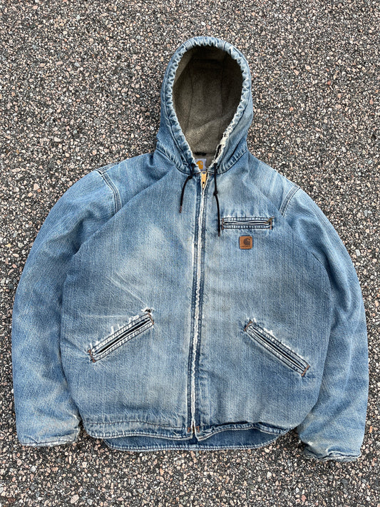 Faded and Distressed Denim Carhartt Sherpa Lined Jacket - XL