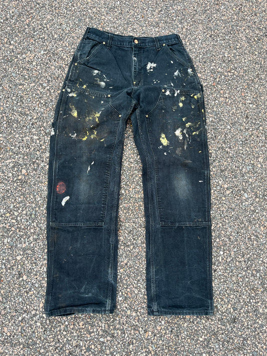 色あせたペイント加工のブラック カーハート ダブルニーパンツ - 30 x 32