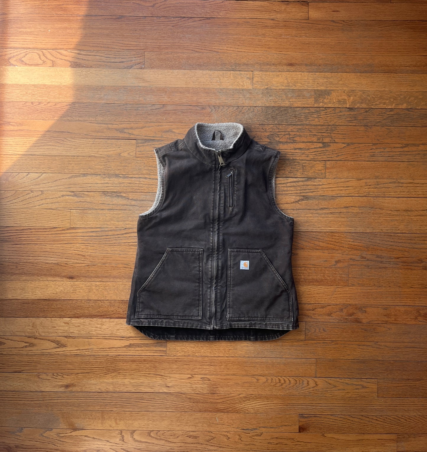 Faded Dark Brown Carhartt Sherpa Lined Vest - Small