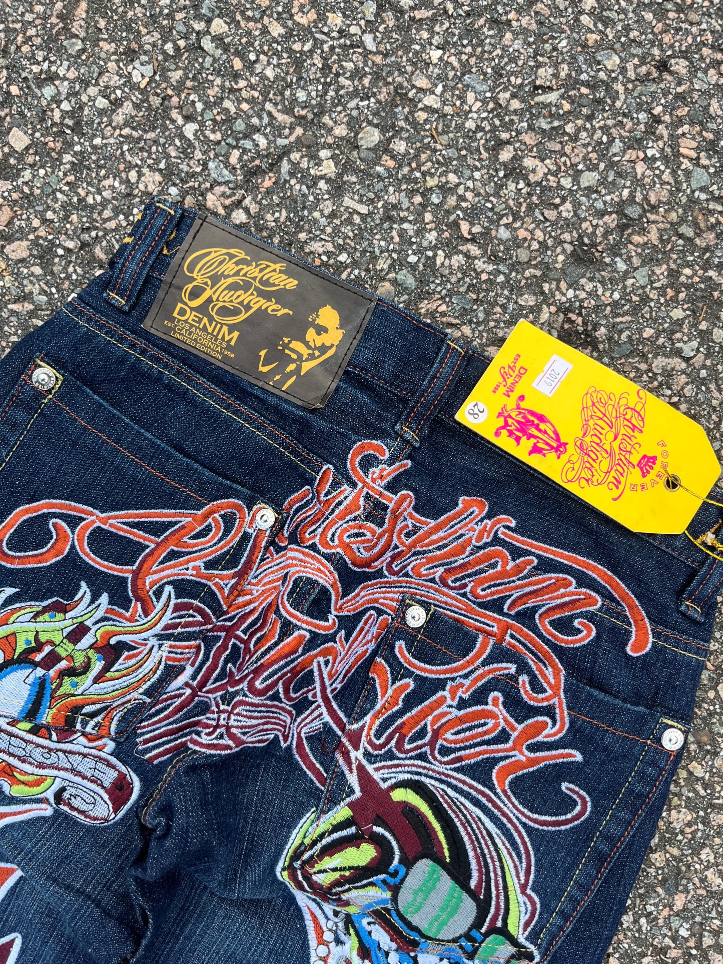 Ed Hardy Christian Audigier Grail バイカー スカル 刺繍 パンツ NWT - 28 x 31.5