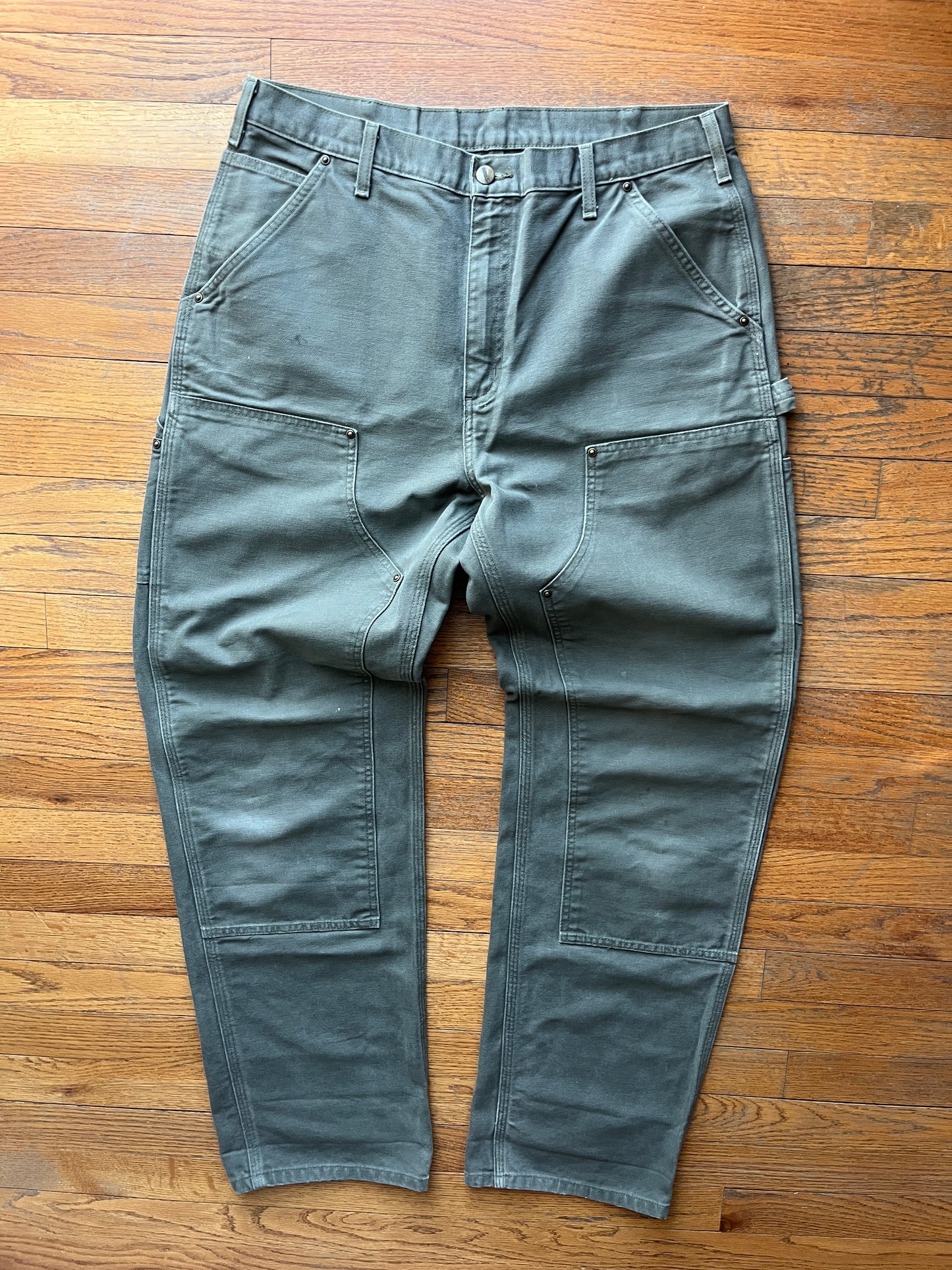 Faded Olive Green Carhartt Double Knee Pants - 35 x 33