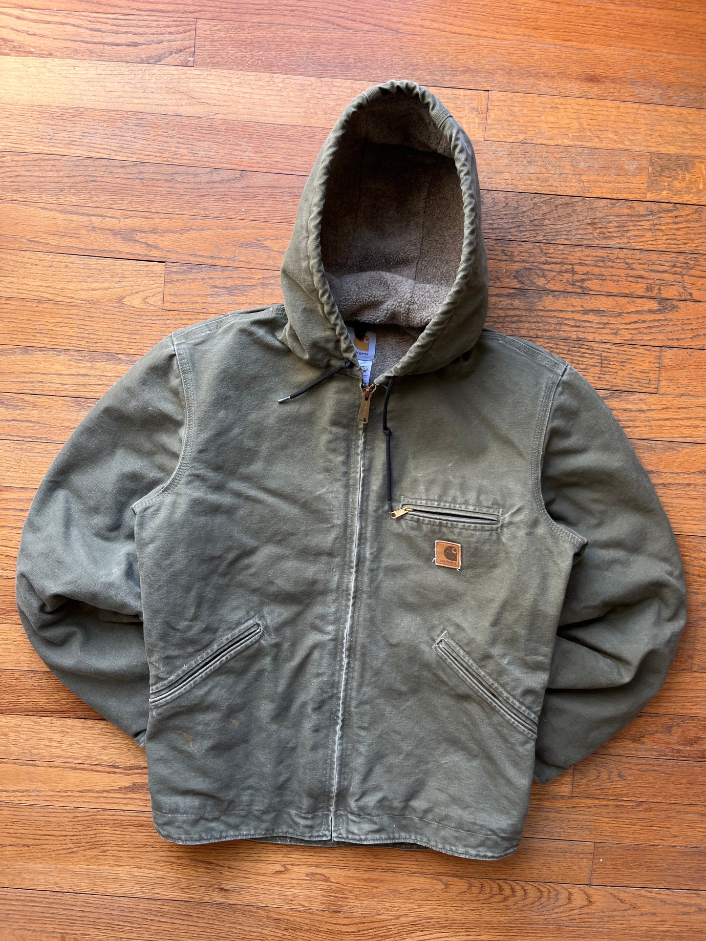 Faded Olive Green Carhartt Sherpa Lined Jacket - Small