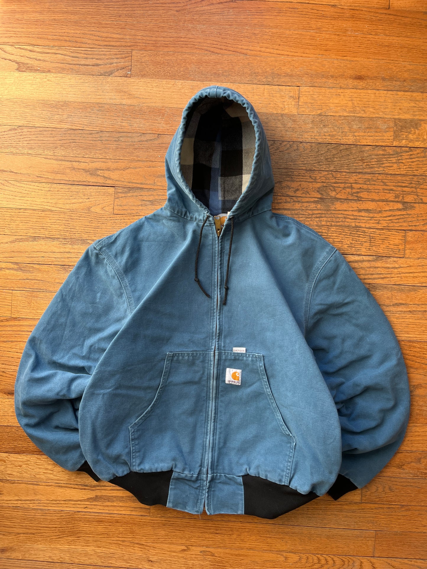 Plaid Lined Faded Baby Blue Carhartt Active Jacket -  Boxy S-M