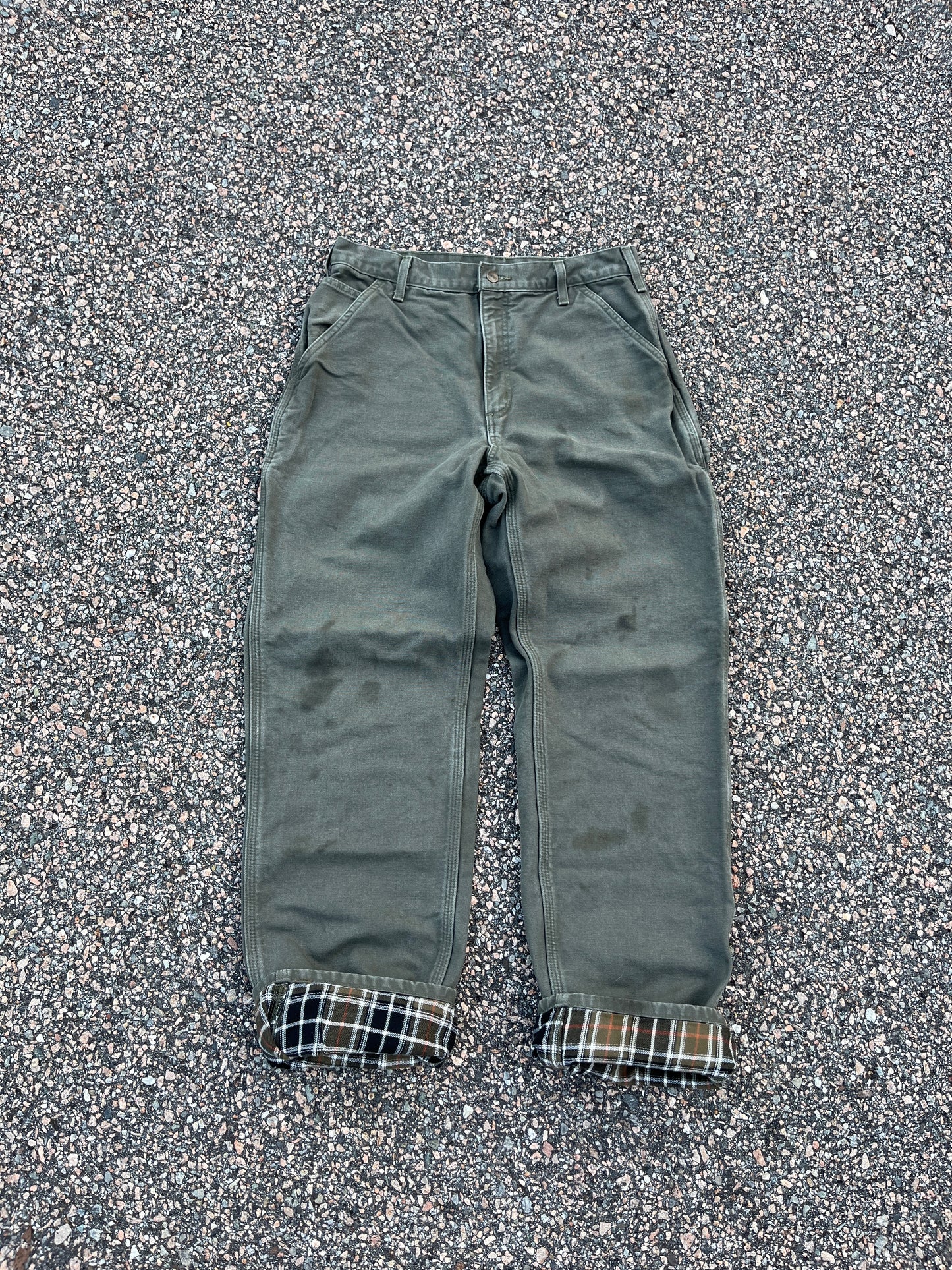 Faded Olive Green Carhartt Blanket Lined Carpenter Pants - 31 x 32