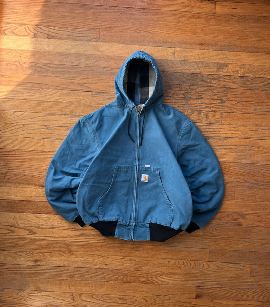 格纹衬里褪色碳蓝色 Carhartt 运动夹克 - 中号