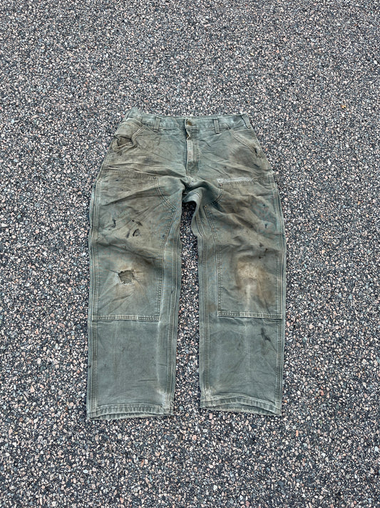 Faded n Painted Olive Green Carhartt Double Knee Pants - 33 x 28.5