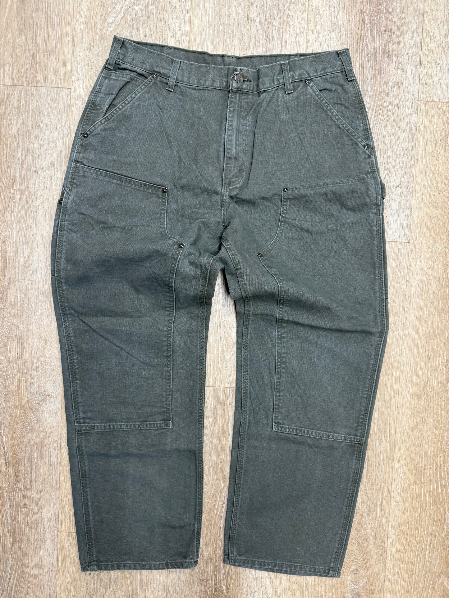 Faded Olive Green Carhartt Double Knee Pants - 34 x 30