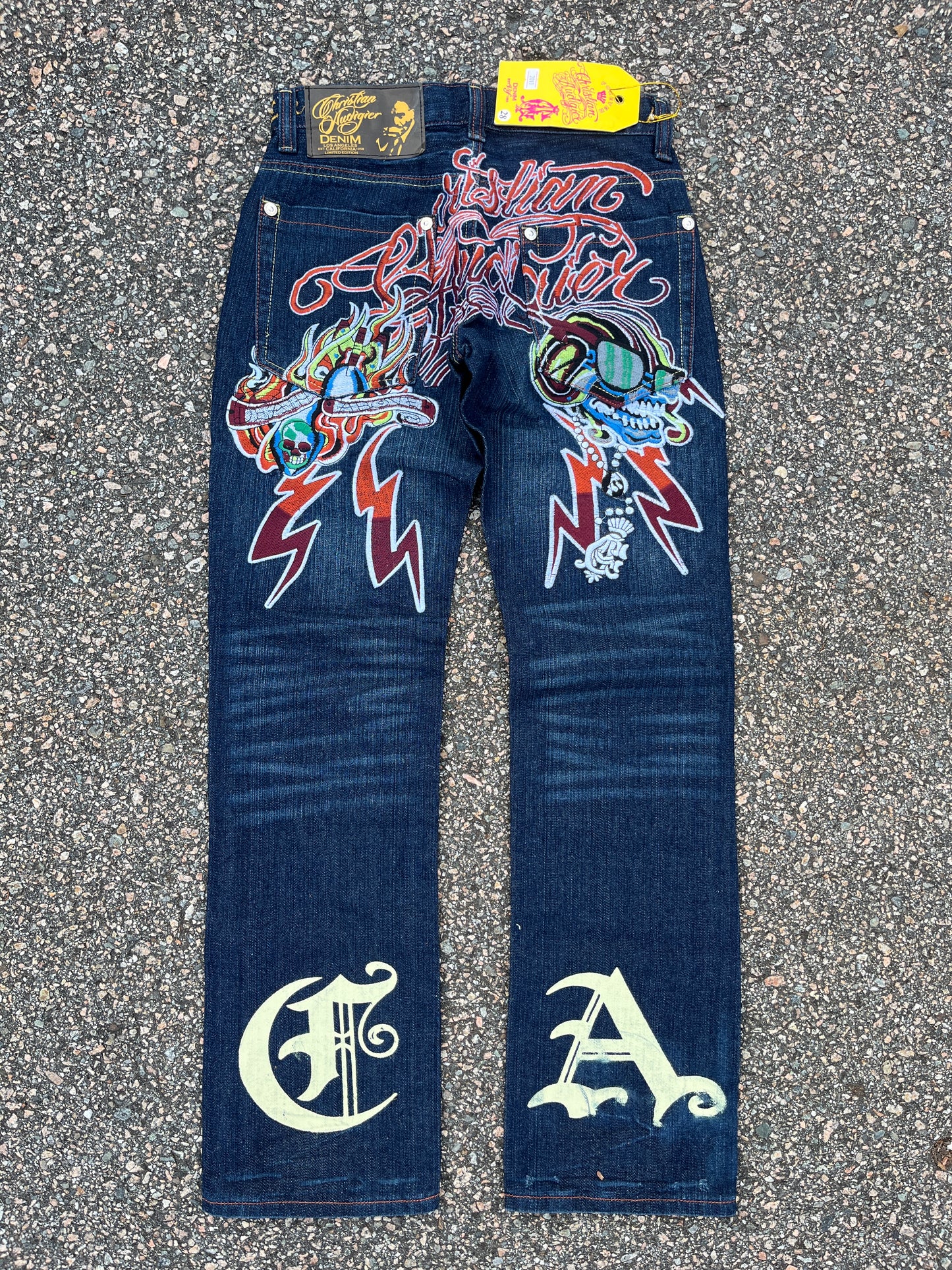 Ed Hardy Christian Audigier Grail Biker 骷髅刺绣裤子 全新带标签 - 28 x 31.5