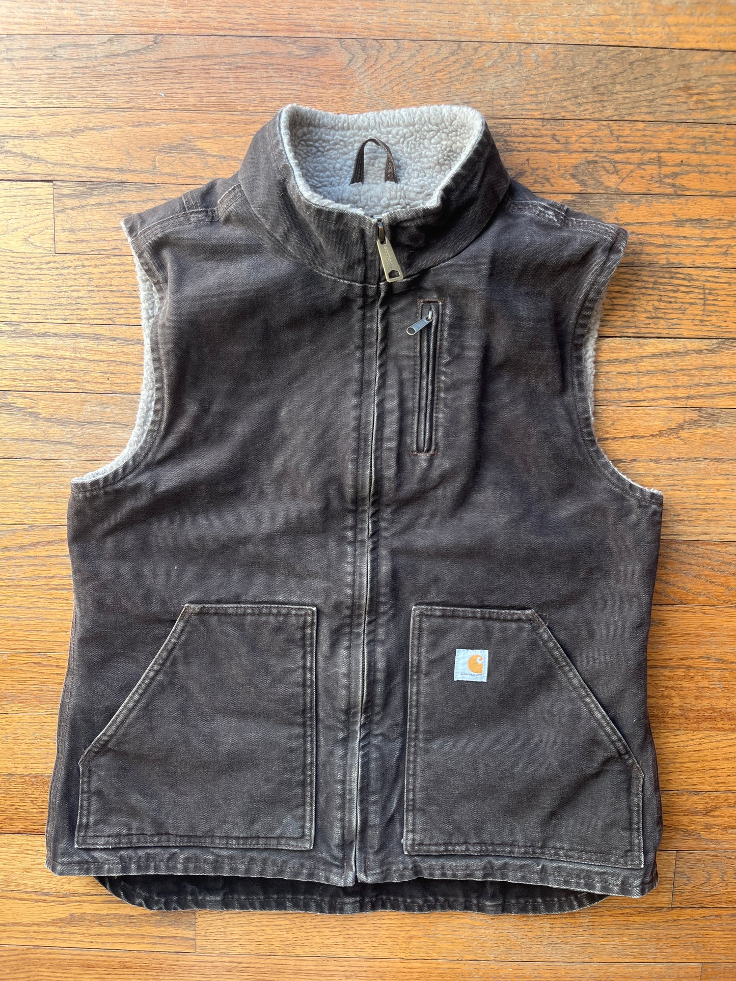 Faded Dark Brown Carhartt Sherpa Lined Vest - Small