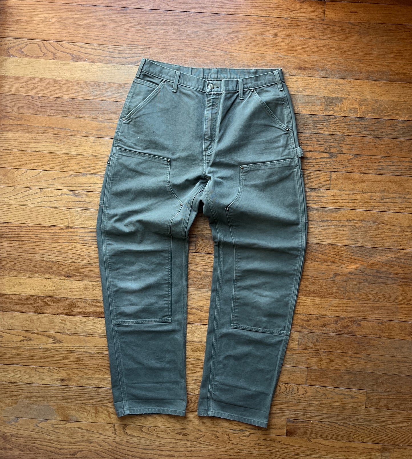 Faded Olive Green Carhartt Double Knee Pants - 35 x 33