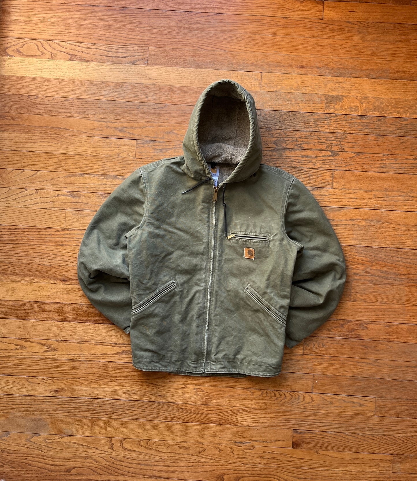 Faded Olive Green Carhartt Sherpa Lined Jacket - Small