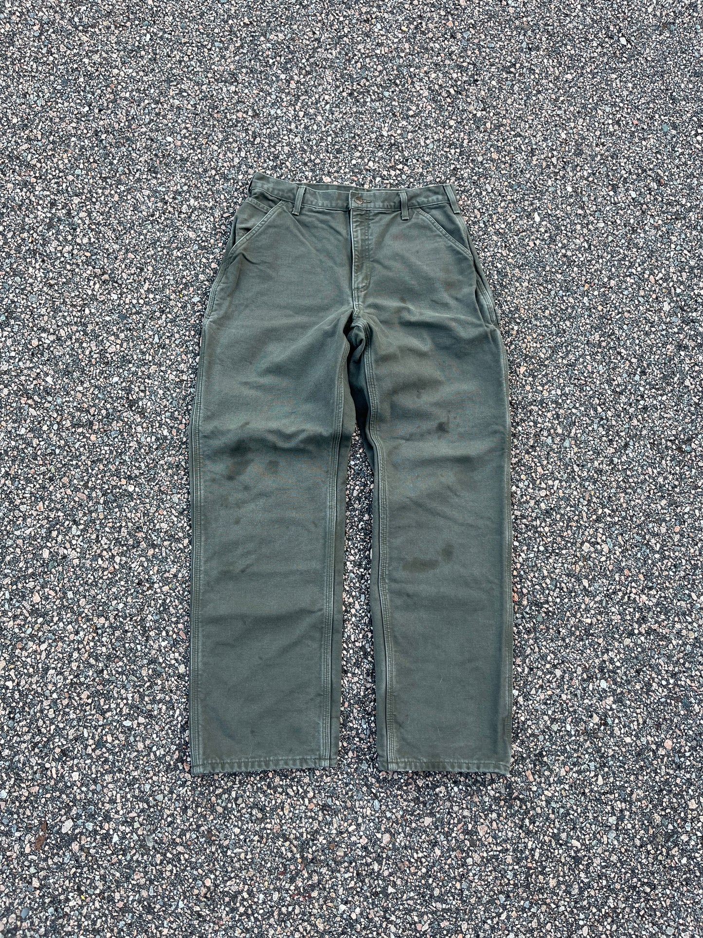 Faded Olive Green Carhartt Blanket Lined Carpenter Pants - 31 x 32