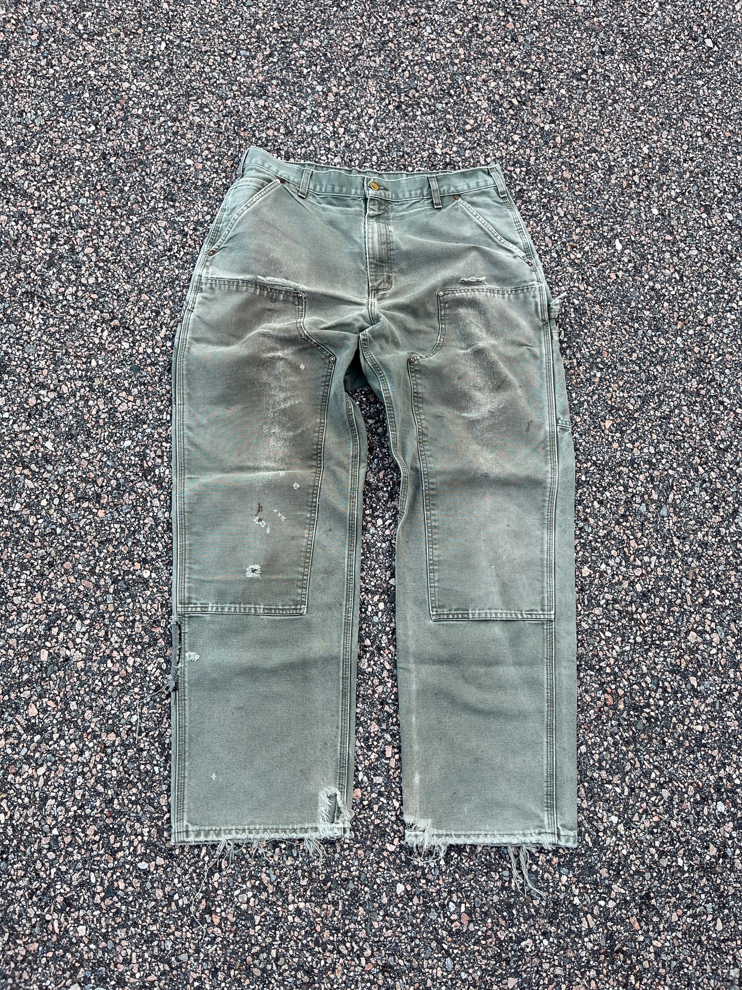 Faded n Distressed Olive Green Carhartt Double Knee Pants - 35 x 31