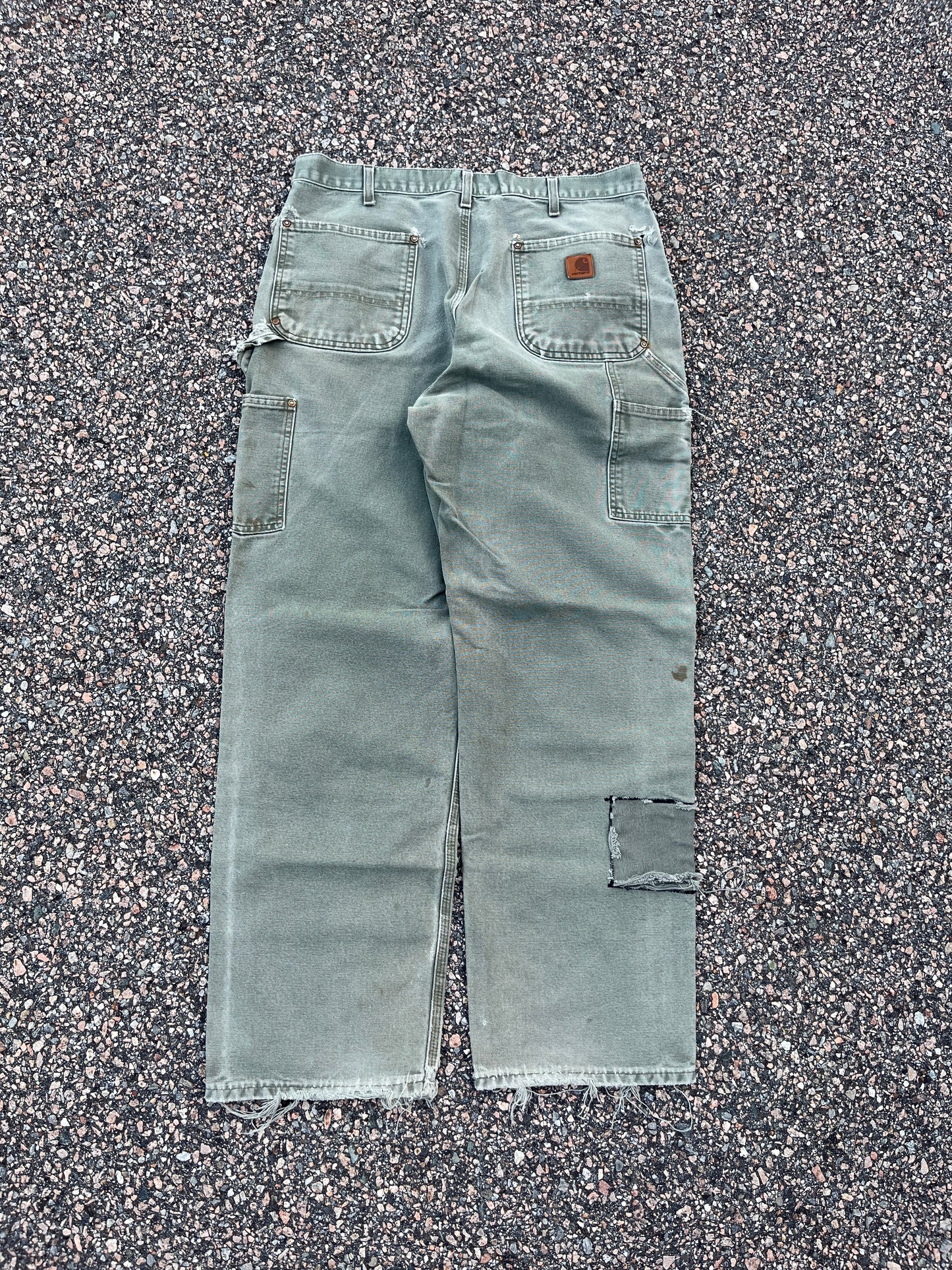 Faded n Distressed Olive Green Carhartt Double Knee Pants - 35 x 31